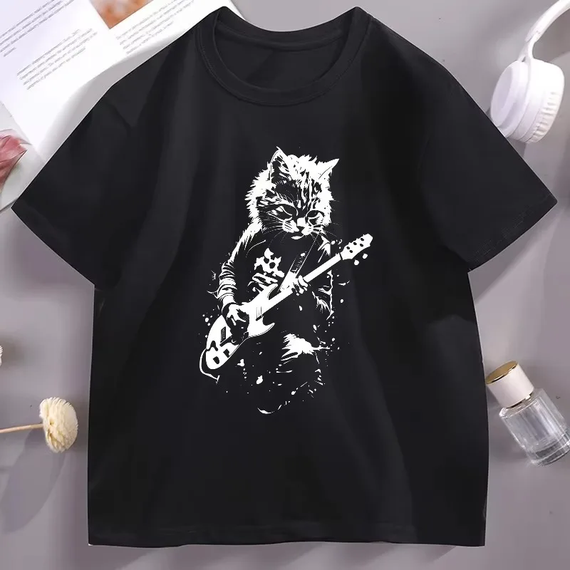 2026 New Cute Kawaii Family Matching Oversized Unisex Streetwear T Shirt Rock Cat Playing Guitar Graphic Cotton Tee