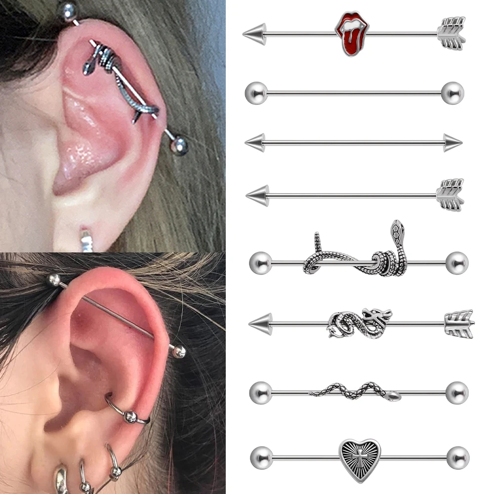 1/5PCS Surgical Steel Snake Sexy Industrial Barbell Earring 16G Cartilage Helix Spike Long Bridge Earring Piercing Jewelry 38mm