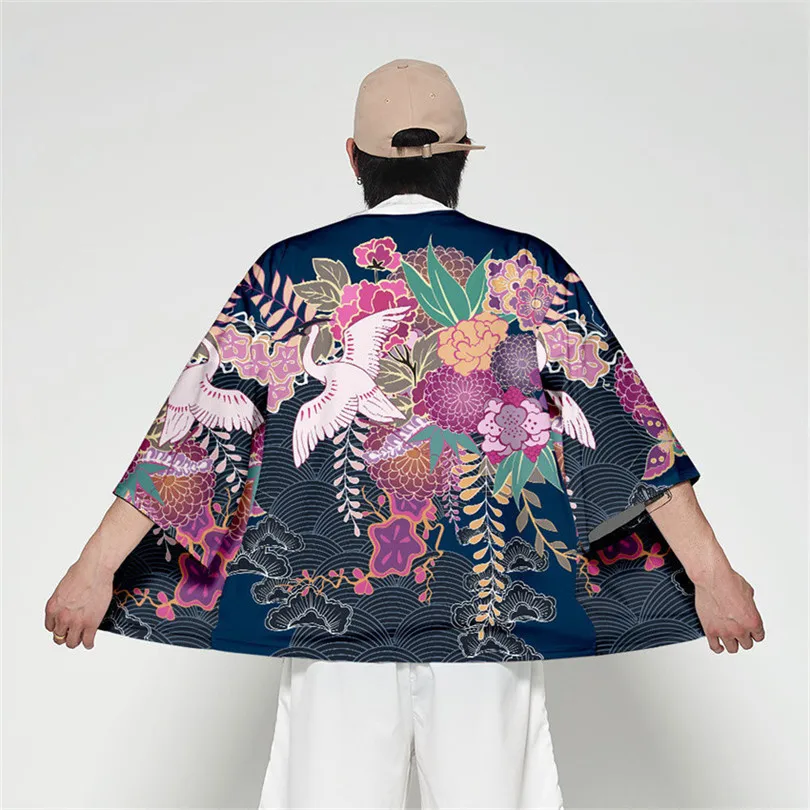 Samurai Crane Japanese Style Kimono Haori Men Women Cardigan Japanese Traditional Clothing Asian Clothes
