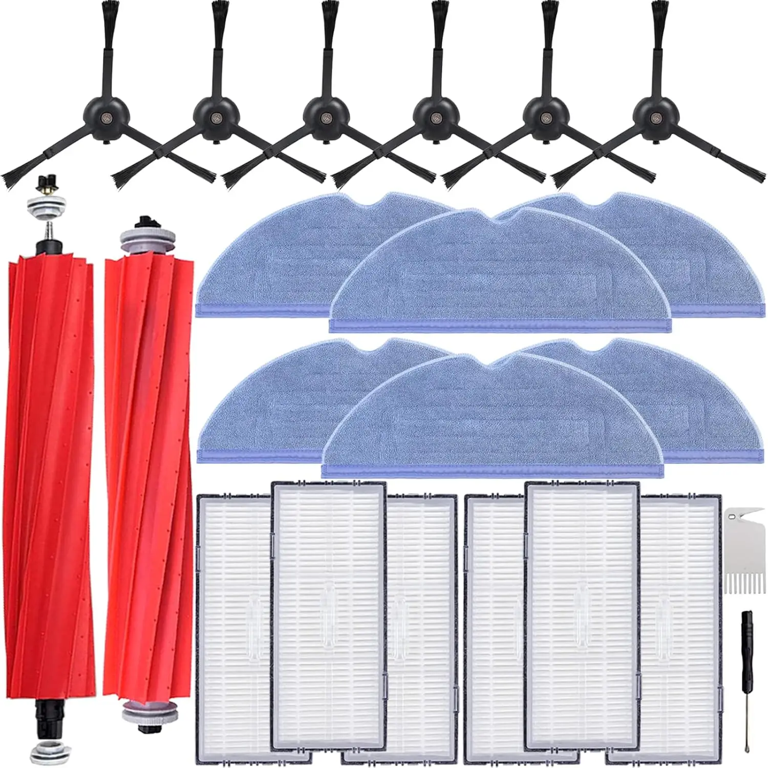 

Комплект запасных частей для робота-пылесоса: 2 основные щетки, 6 салфеток для влажной уборки, 6 фильтров, 6 боковых щеток для улучшения эффективности уборки.