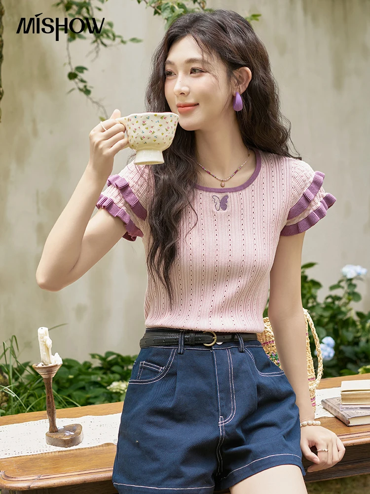 MISHOW Retro Contrasting Cool Knitted T-shirt 2024 Summer Double Layered Fly Sleeve Tees Embroidered Butterfly Top MXD27Z0575