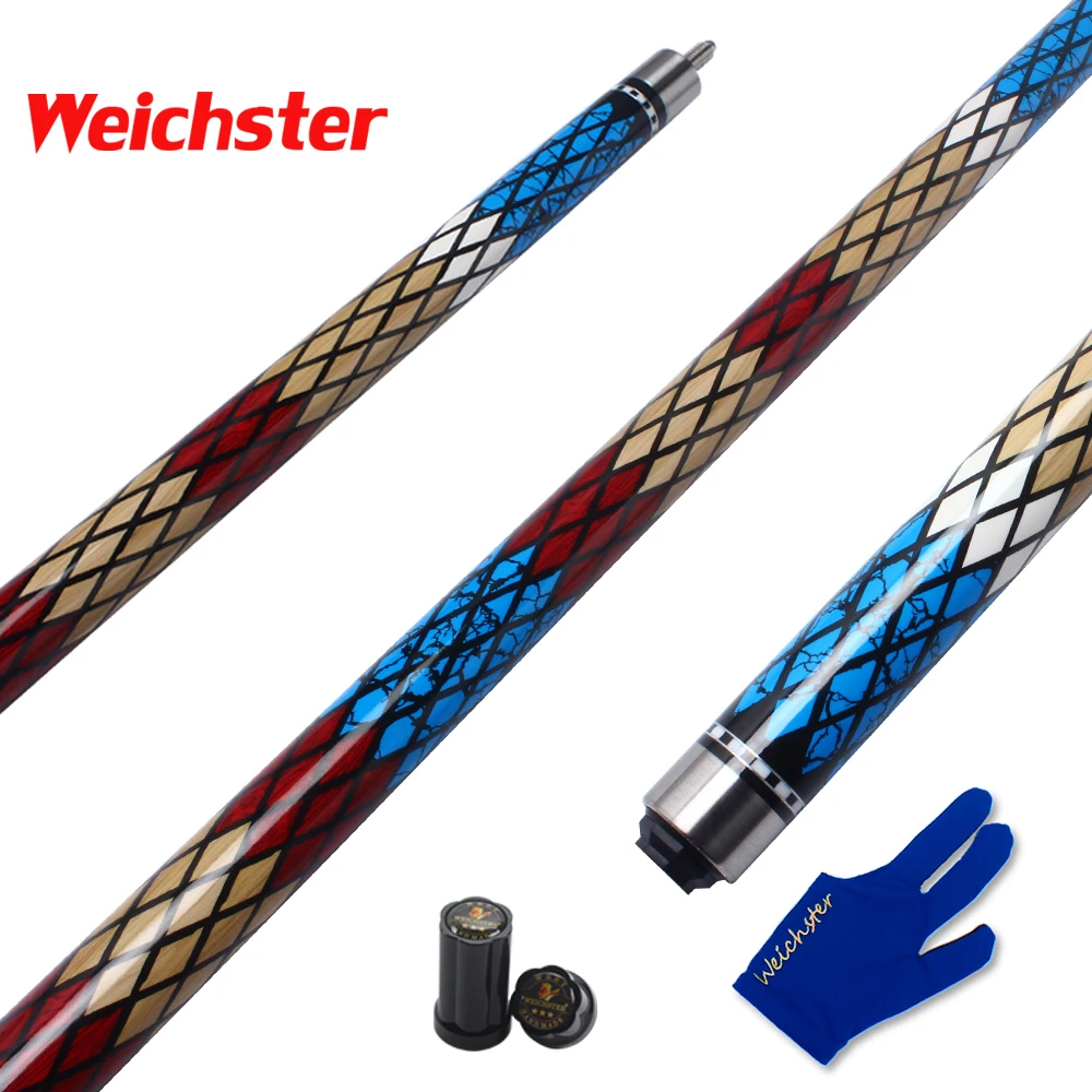 

Weichster 58" 1/2 Billiard Pool Cue Stick Multi Color Diamond Patch Decal Design 13mm Tip with Glove