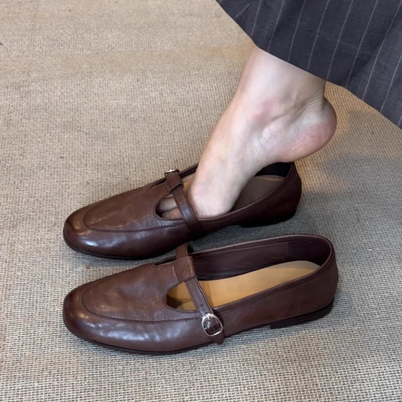 

2025 Spring/Fall New Women's Vintage Mary Jane Shoes - Square Toe Low Cut Flats Soft Leather Loafers British Style Casual Shoes