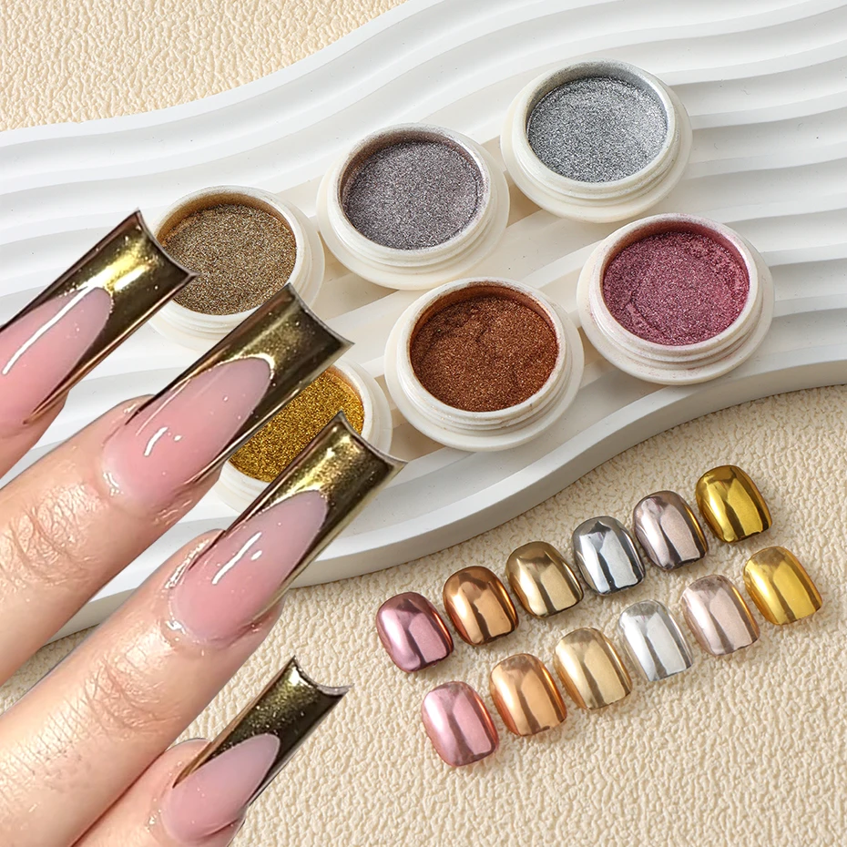 

6pcs Champange Gold Silver Mirror Powder Nail Art Glitter Rose Gold UV Gel Polish Chrome Dust Metallic Effect Pigment Decoration