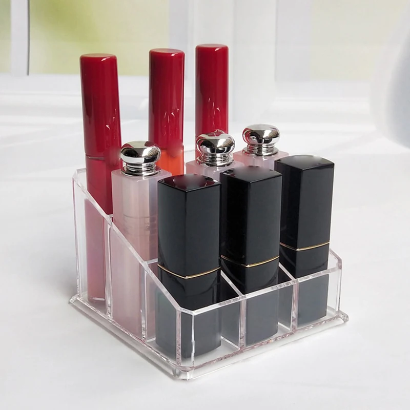 9 Slots Clear Acrylic Lipstick Storage Box Trapezoid Cosmetic Display Case Store Desk Lipstick Cosmetic Organizer Holder Stand