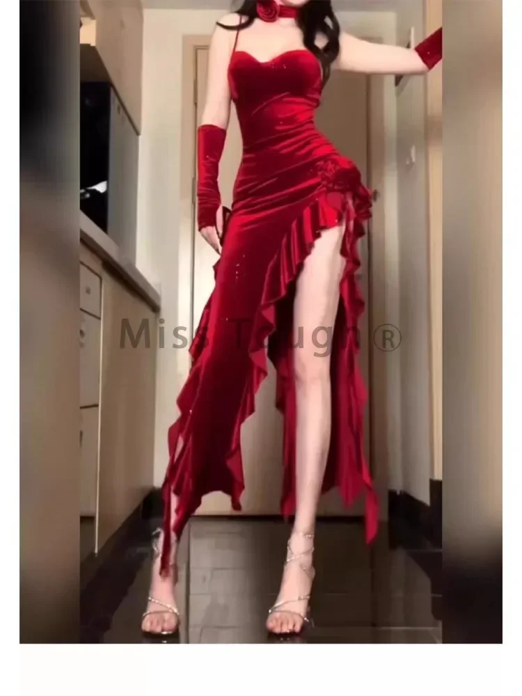 Red Rose Elegant One Piece Dress Women Sleeveless Y2k Designer Long Dress Female Strapless Retro Irregular Dress 2024 Summer New