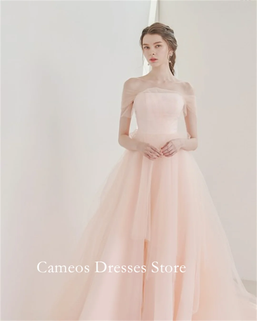 

SONDR Korea Off Shoulder Pink Tulle Evening Dress Customized Formal Prom Dress Short Sleeves 웨딩드레스 Occasion Party Evening