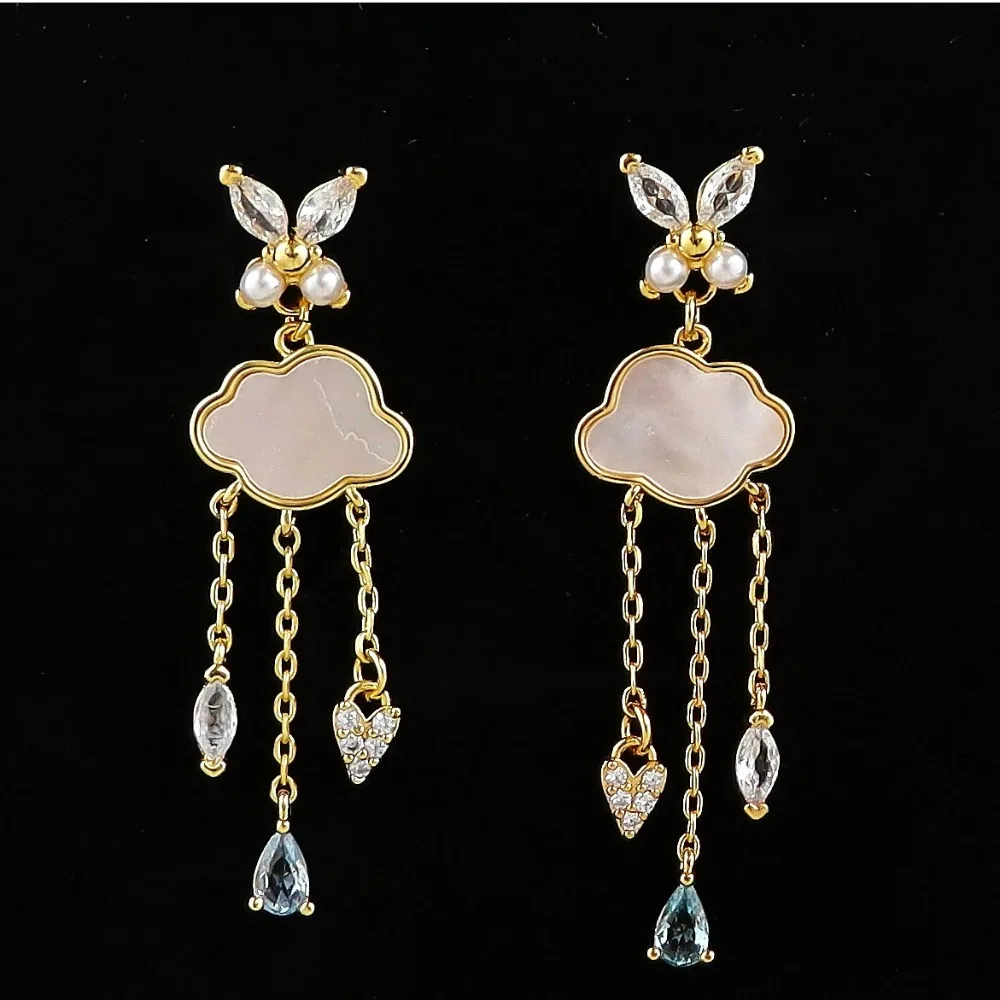 

New Arrival Cloud Shape Natural Shell Charms Water Drop Cubic Zircon Tassel Dangle Earrings Sweet Butterfly Earrings for Women