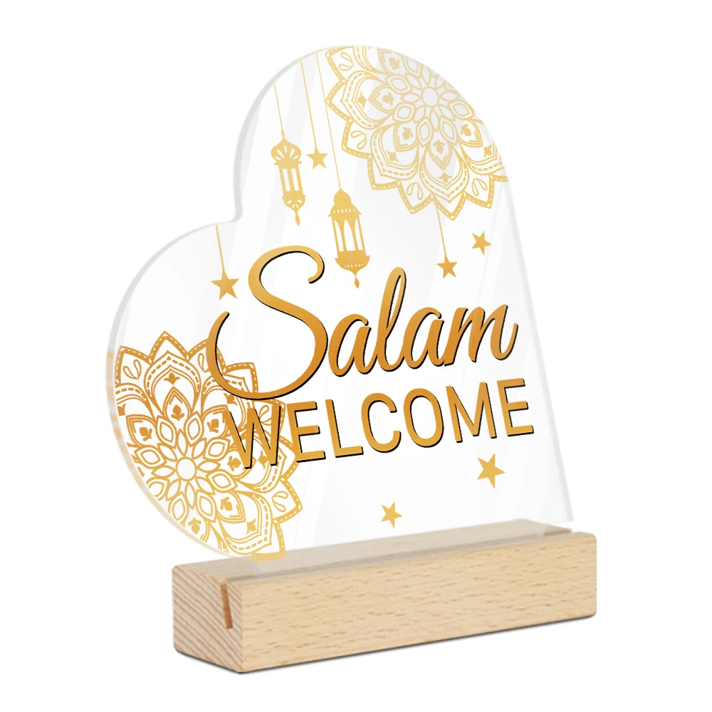 Putuo Decor Heart Shaped Acrylic Sign Wooden Table Decor, Salam Welcome, Decoration for Home Farmhouse Living Room, Ramadan Gift