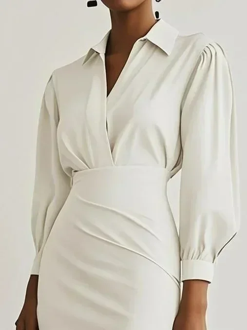 Damen Rüschenkleid mit V-Ausschnitt und Puffärmeln, Midi-Länge, Bleistiftschnitt, geraffte Taille, Schlitz, elegantes Bürokleid – Detail 6