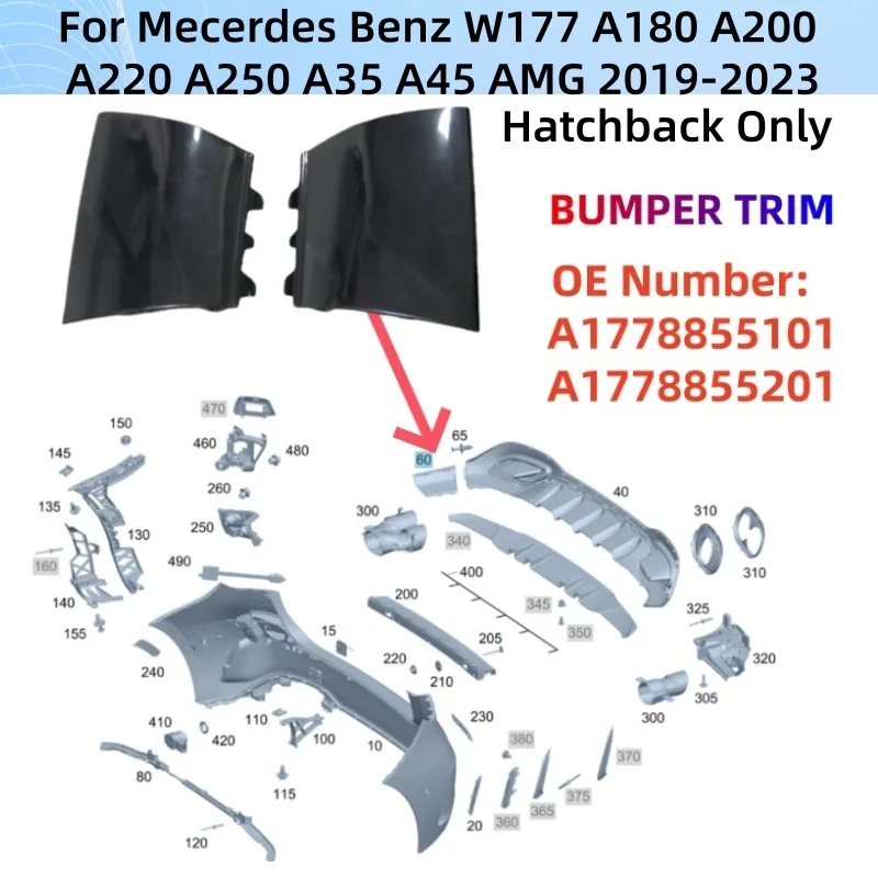 

For Mercedes Benz W177 A180 A200 A220 A250 A35 A45 AMG 2019 2020 2021-2023 Rear Bumper Decoration Trim A1778855101 A1778855201