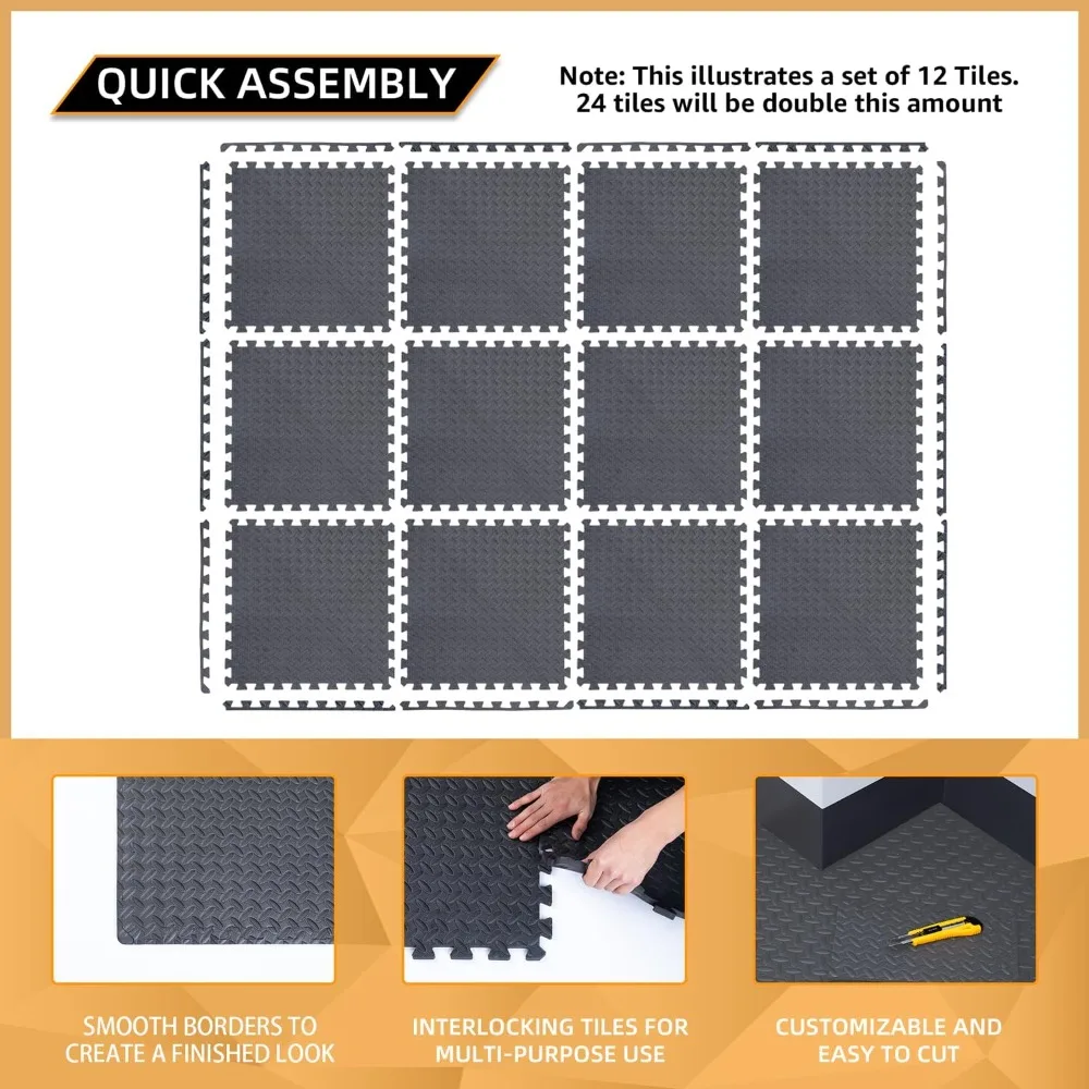 

24 Pack, 96 SQFT - 24" x 24" 1/2" Extra Thick Floor Exercise Mat for Home Gym or Floor Padding - High-Density EVA Interlocking