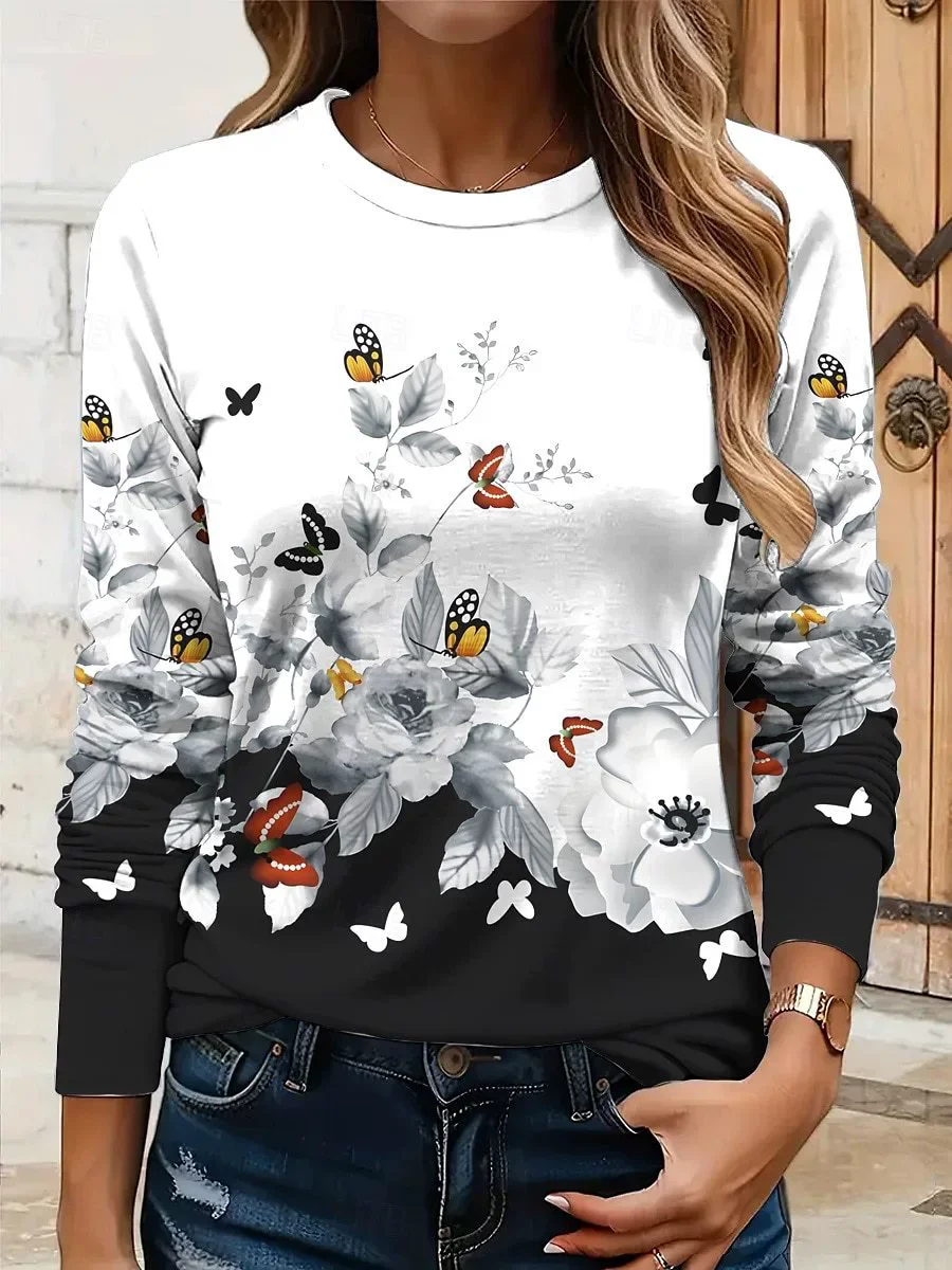 Fashion Butterfly And Floral Pattern Women T-Shirts Spring Autumn Long Sleeve 3d Print Street Lady Tee 3XL Plus Size Casual Tops