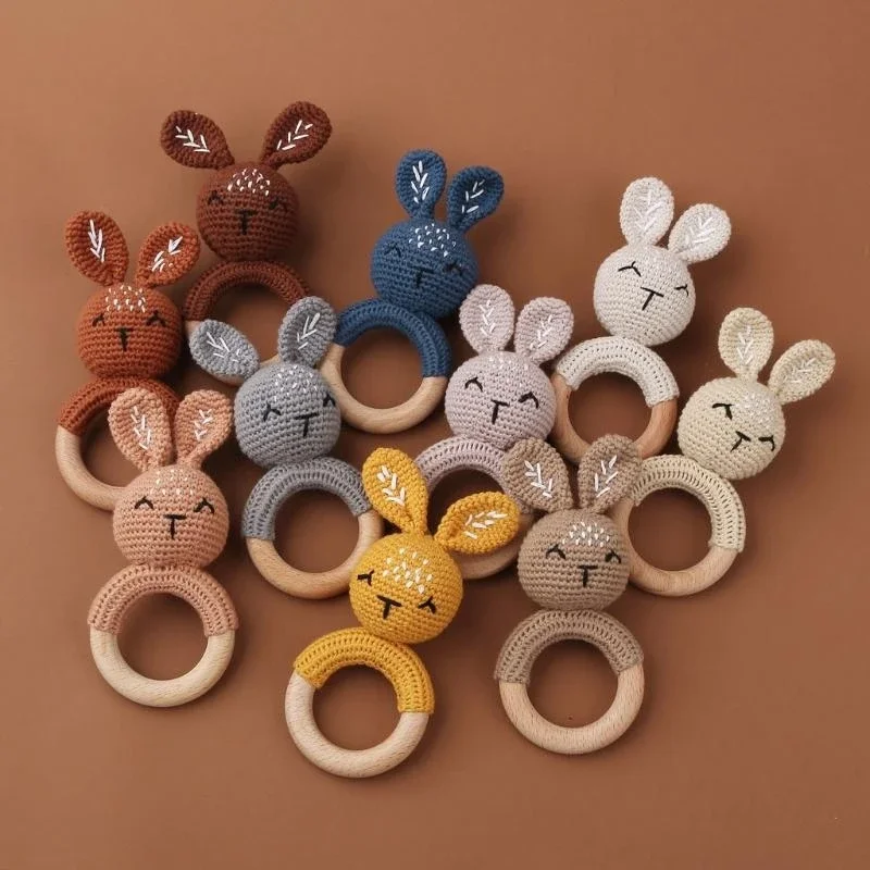 

J15U Crochet Rabbit Wooden Rings Rattles DIY Crafts Teething Rattles Amigurumi For Baby