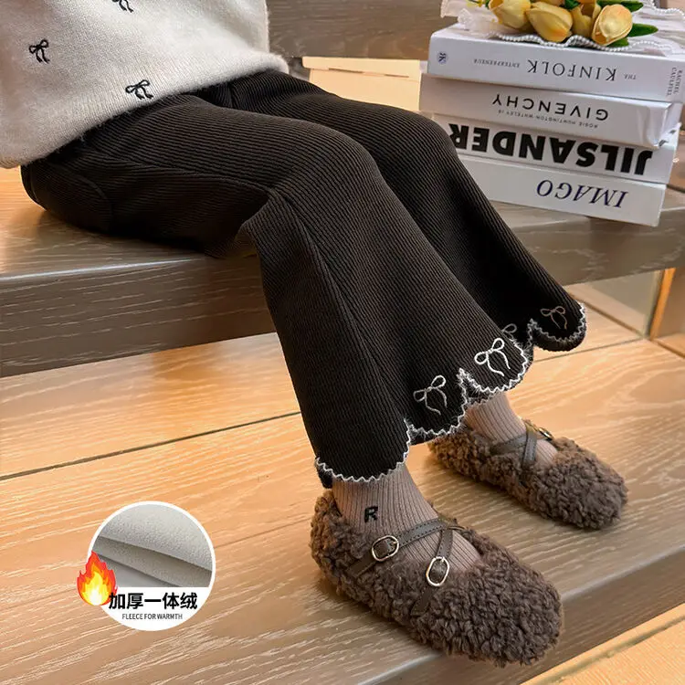 

Girls' pants autumn and winter 2025 new children's winter casual pants fleece thickened baby integrated fleece flared pants