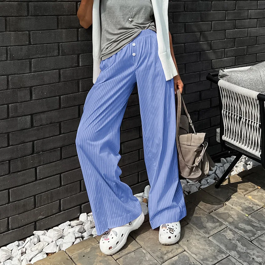 Women Clothing Summer All Match Fashion Blue Retro Loose Casual Pants Women Commuter Street Style Casual Simple Mid Waist Pants