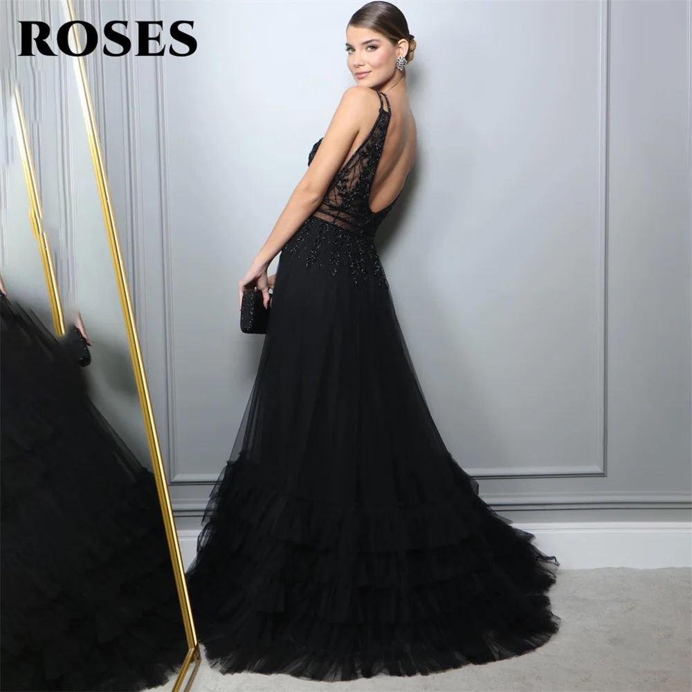 ROSES A Line Tank Black Evening Dresses Net Beading V Neck Prom Gown Embroidery Tiered Party Dress vestidos de noche Customized