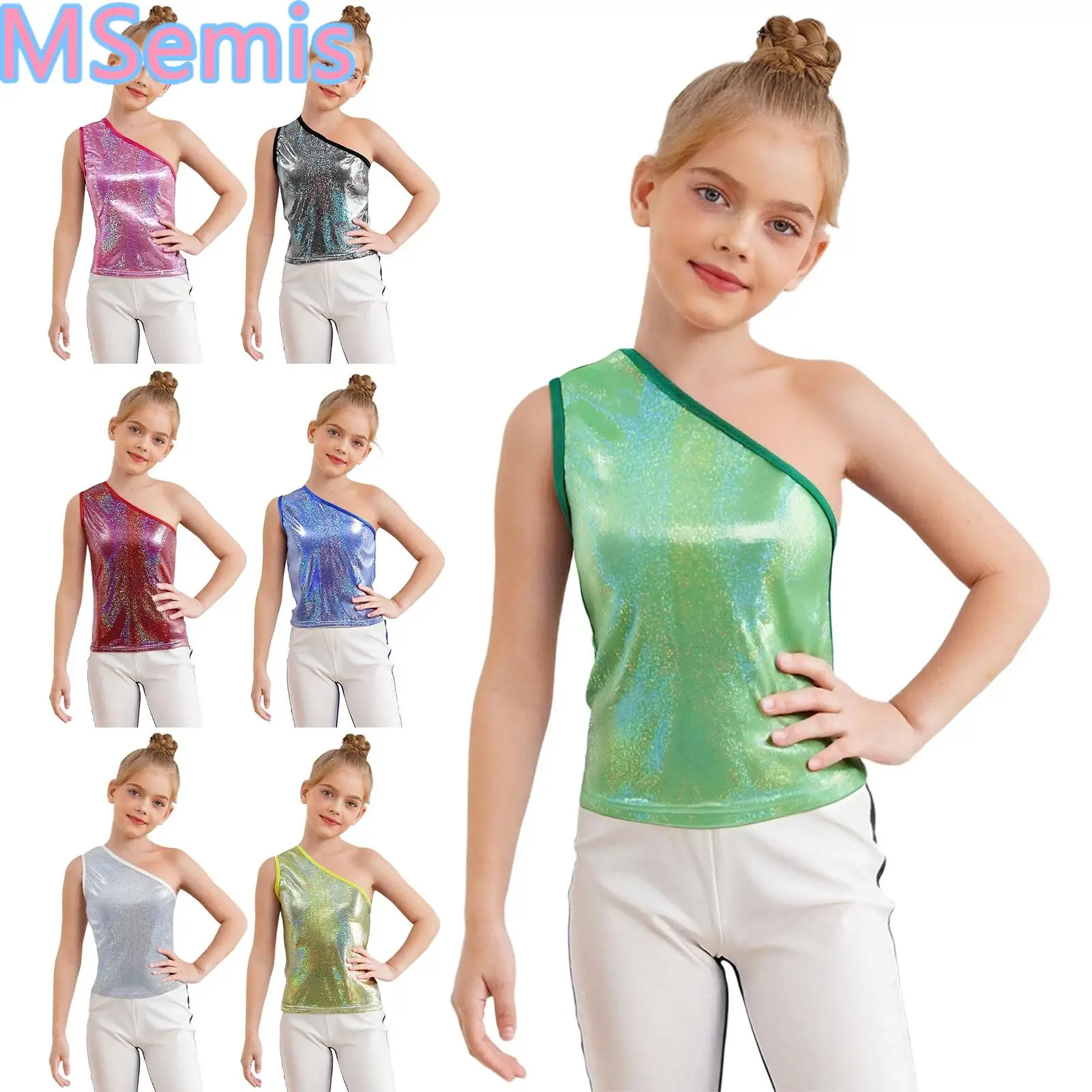 

Kids Girls Metallic Dance Tank Top Mini Dots Cheerleading Jazz Vest One Shoulder Sleeveless Vest Stage Performance Costume
