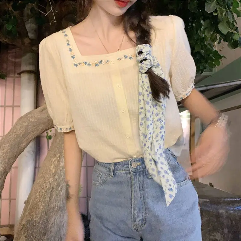 Embroidery Shirts and Blouses Korea Summer Top 2024 Elegant Youth Woman Blouses Button Square Collar Short Sleeve Clolthes New