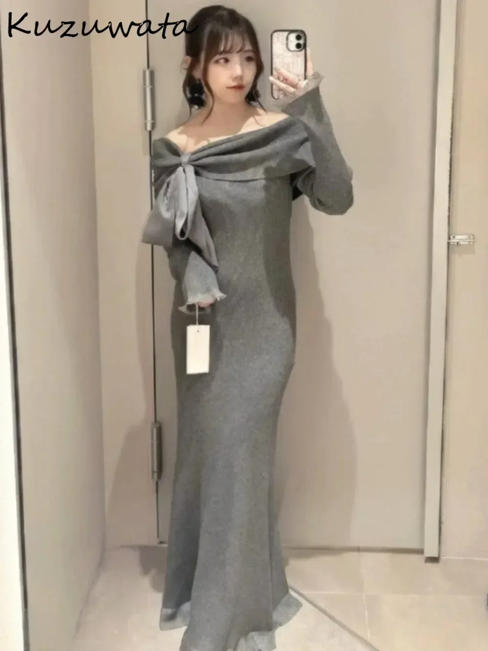 Kuzuwata Temperament Slash Neck Flare Sleeve Knit Dress Bow Slim Cotton Mermaid Robe Japan Exquisite Feminine Bodycon Vestidos