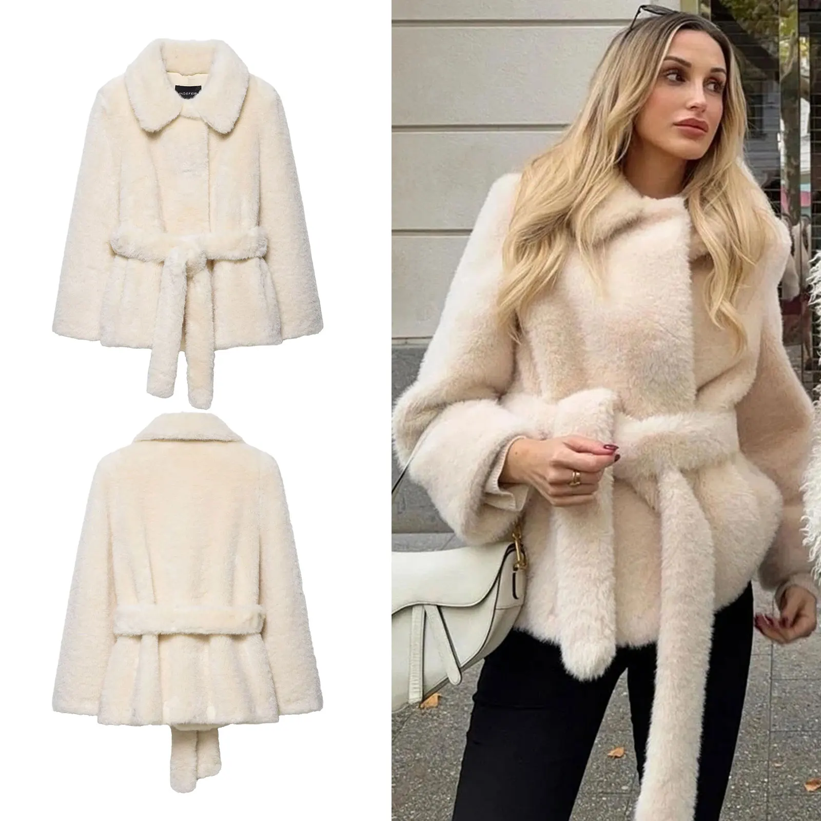 

HH Осеннее женское винтажное пальто из искусственного меха, однотонное пальто с длинными рукавами и лацканами, украшенные поясом, зимнее уличное теплое пальто
