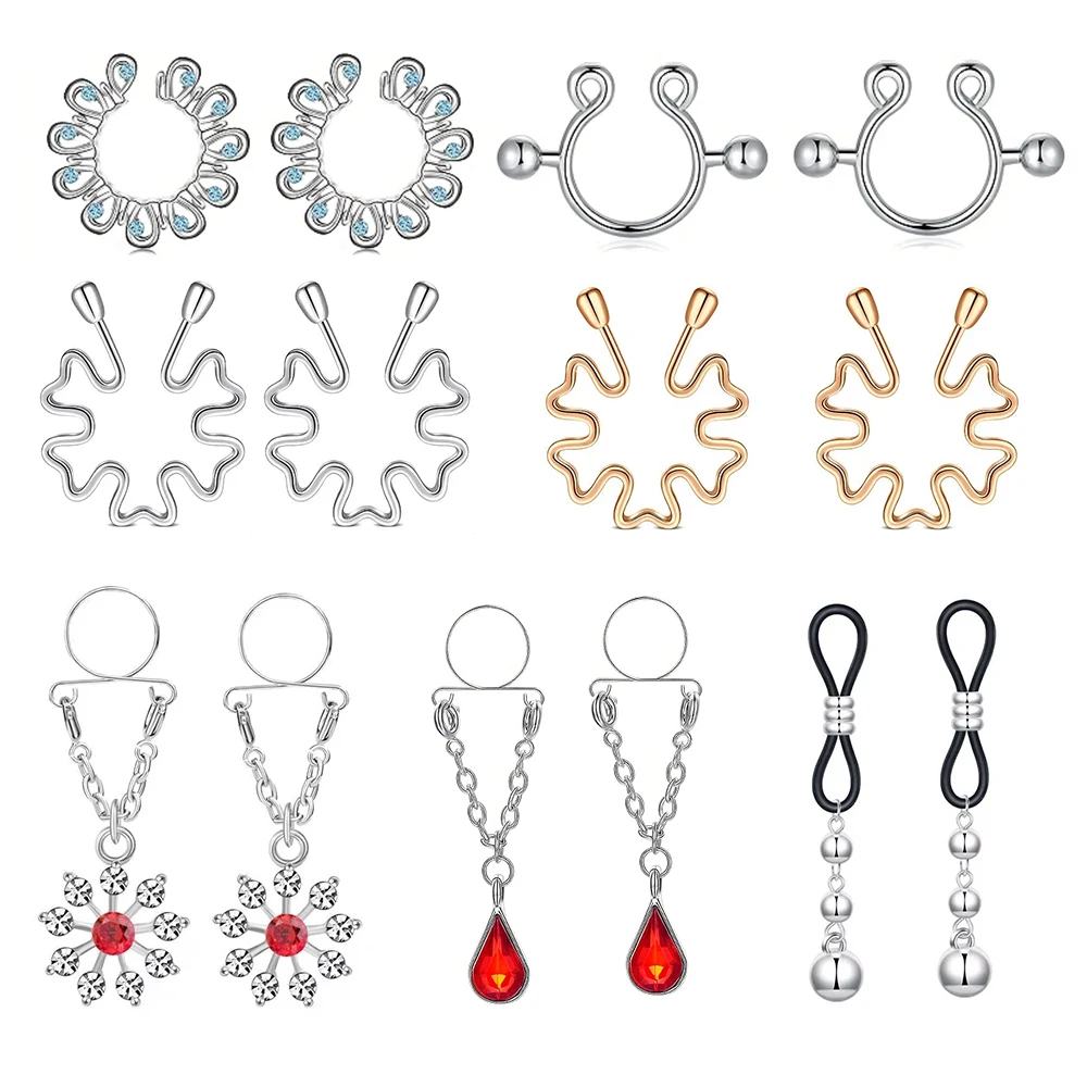 1 Pairs Non Piercing Fake Nipple Rings, Water Drop Heart Shaped Dangle Nipple Clips
