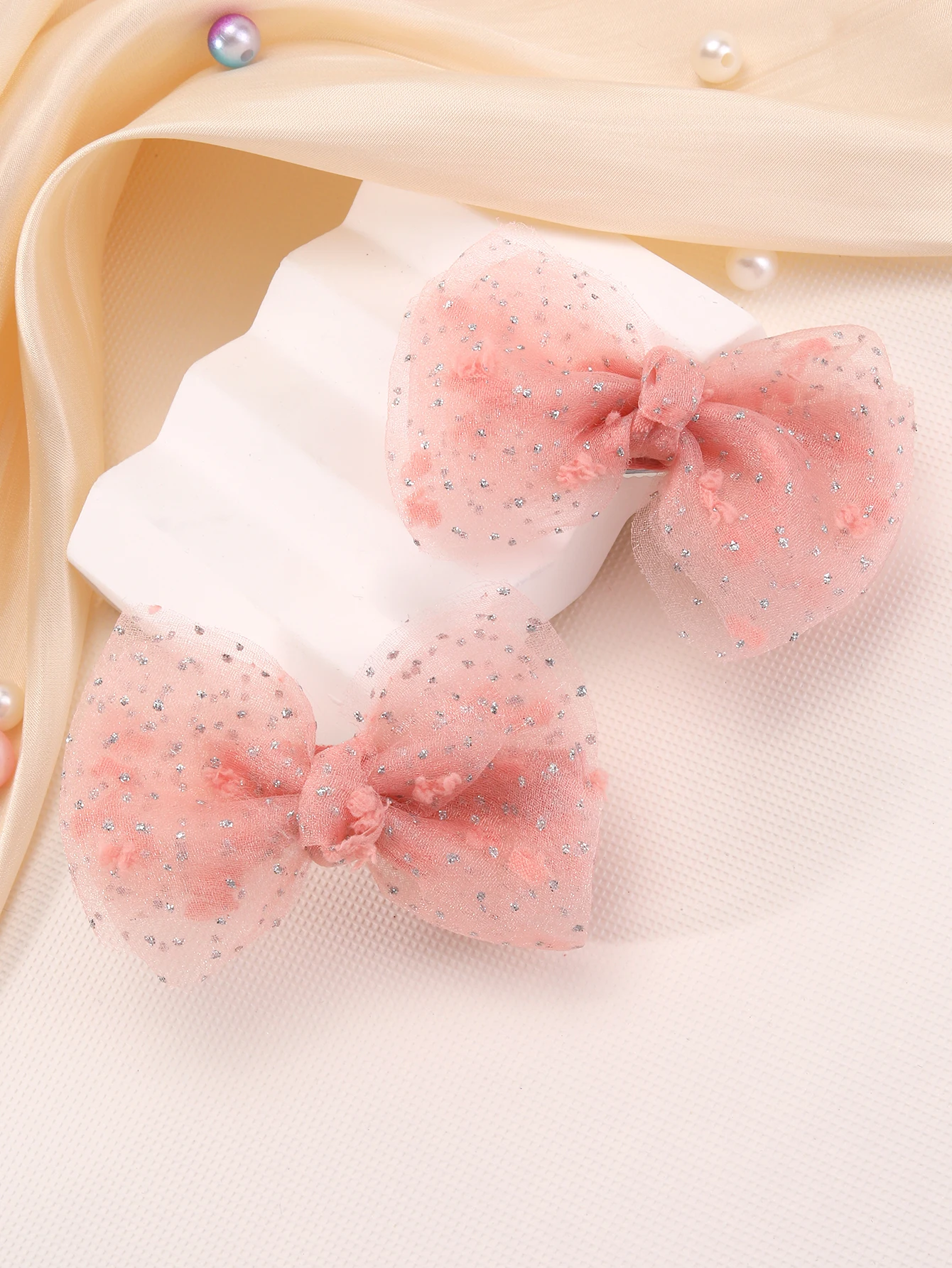 2PC Girls Pink Tulle Bow Decorative Hair Clips Hair Accessories Hairbows for Girls Kids Headwear Hair Pins