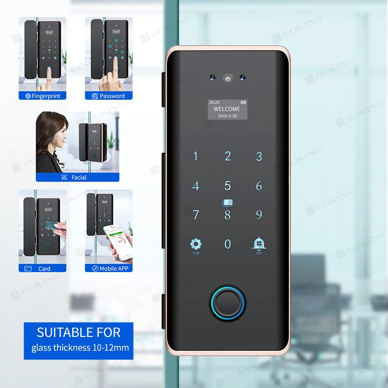 Goking Cheap Price Office Digital Glass Door Lock Smart Fingerprint Remote Unlock Tuya WiFi Facial Recognition Glass Door Lock