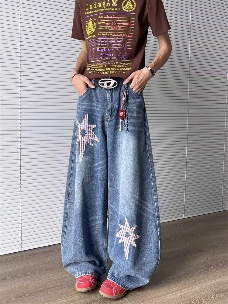 

Retro American Sle Men's Jeans with Embroidery Wide Leg Pants Fall Season Straight Blade Long Trousers Star Patch Cloth