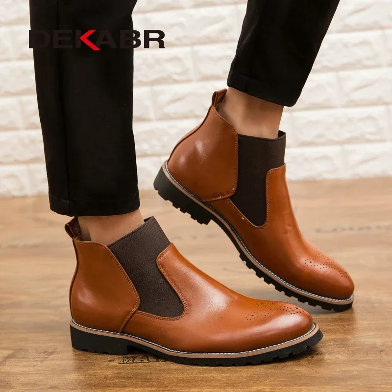 DEKABR Autumn Winter Genuine Leather Ankle Chelsea Boots Men Shoes With Fur Warm Vintage Classic Male Casual Motorcycle Boot