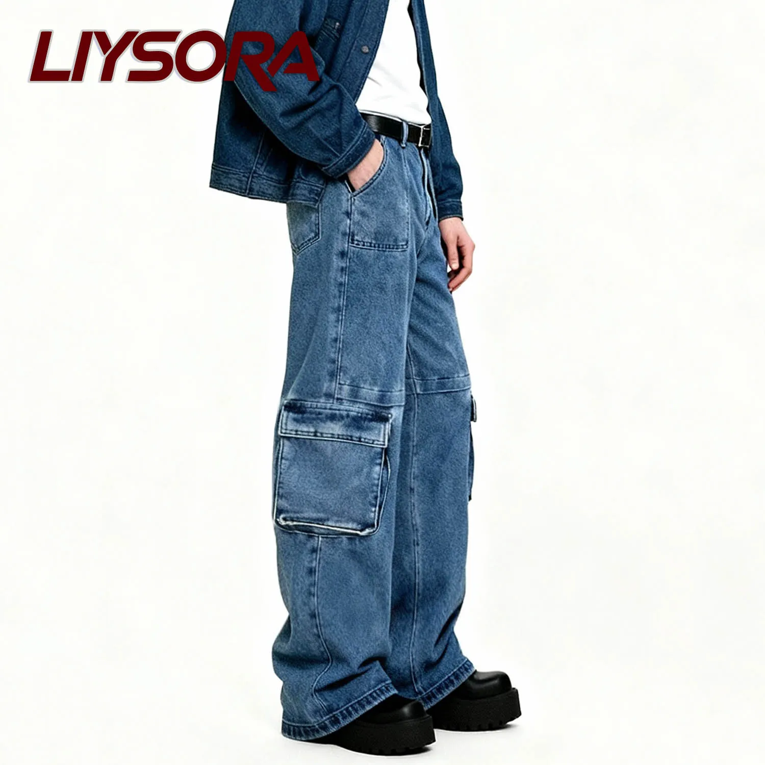 الرجال الأمريكية الأزرق الرجعية غسل فضفاض مستقيم الجينز الذكور متعدد جيب مستقيم أنبوب فضفاض ملابس العمل أربعة مواسم الدنيم السراويل #3