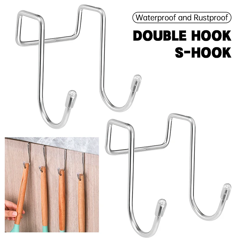 1/2pcs Stainless Steel Double S-Shape Hook Punch-free Door Hanger Multi-function Cabinet Door Back Double Hanger Hooks Kitchen