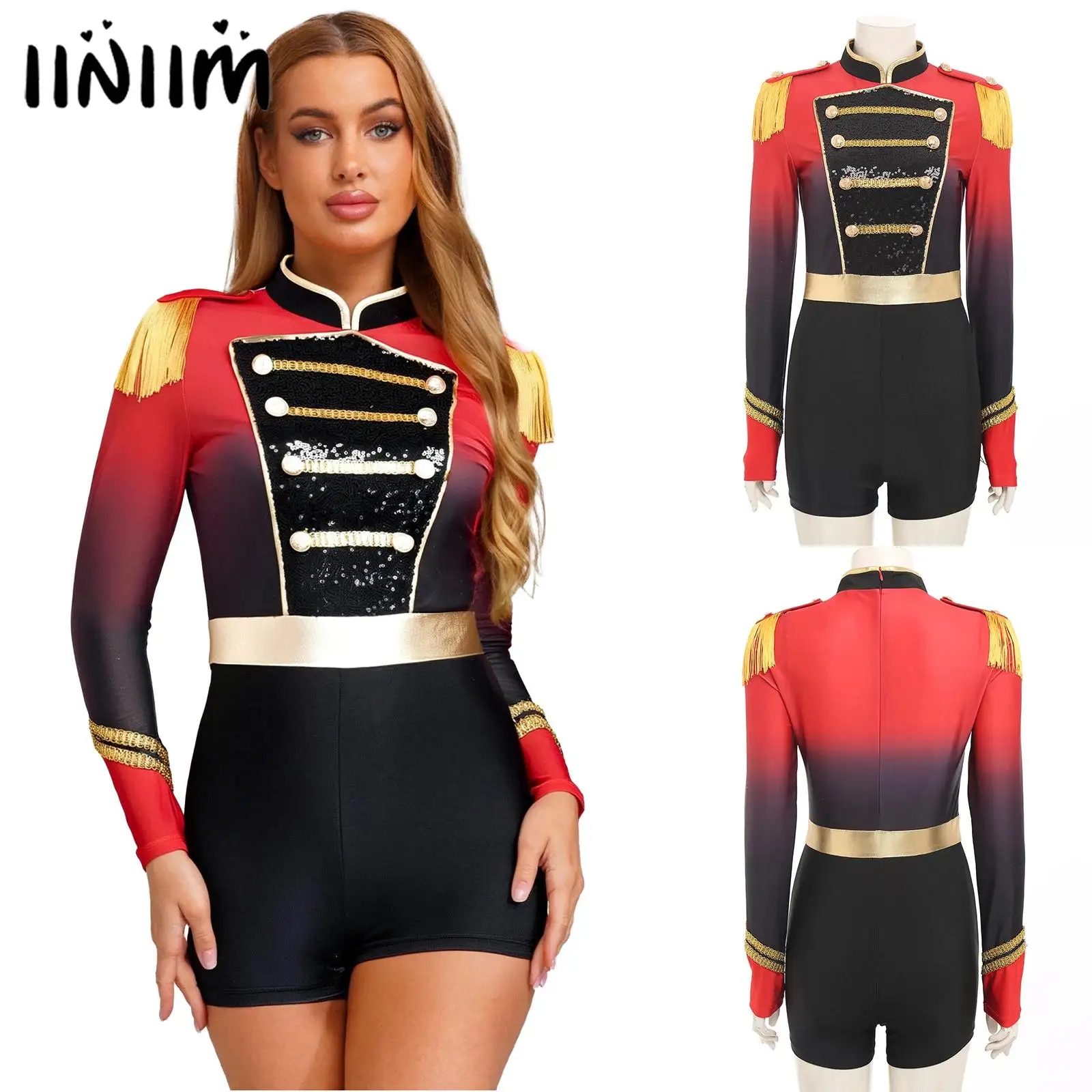 

Womens Circus Ringmaster Jumpsuit Gradient Shiny Sequin Tassel Epaulet Showman Bodysuit Lion Tamer Halloween Cosplay Costume