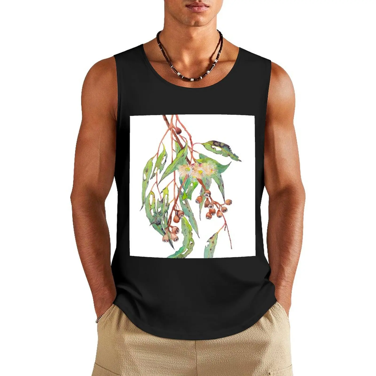 

Watercolour eucalyptus tree branch with white flowers & gumnuts. Tank Top Gym wear Gym t-shirt man gym shirts