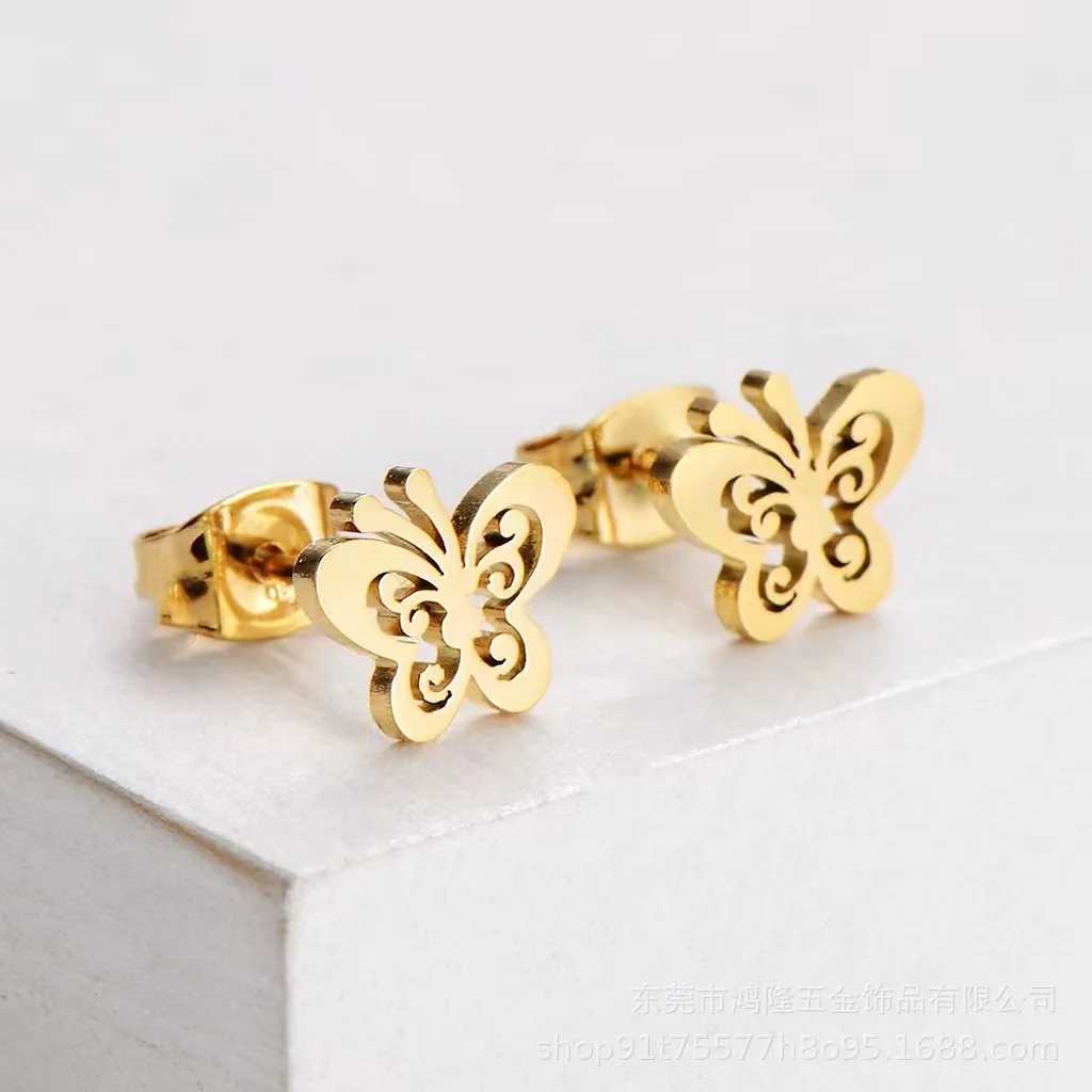 Houwu Baby Stud Earrings Stainless Steel Gold Plated Earring for Baby Anti-allergic Small Cute Butterfly Screw Back Earrings