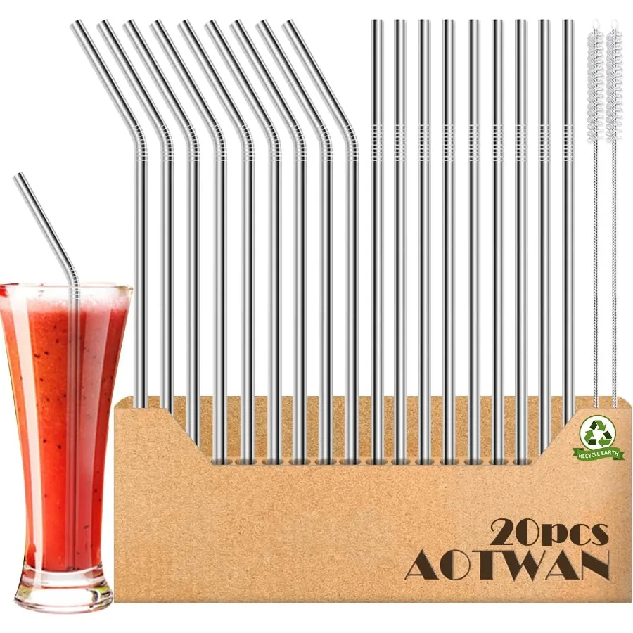 

20 упаковок многоразовых металлических трубочек из нержавеющей стали, 9 прямых + 9 изогнутых металлических трубок 8,5 ih для стаканов емкостью 20 унций, можно мыть в посудомоечной машине с 2 шт.