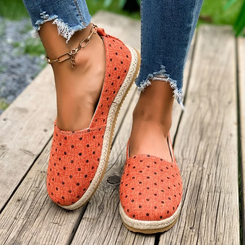 Orange Polka Dot 1.5CM Espadrilles Women Slip on Flat Shoes Casual Comfortable Breathable Summer Loafers Sandalias Mujer