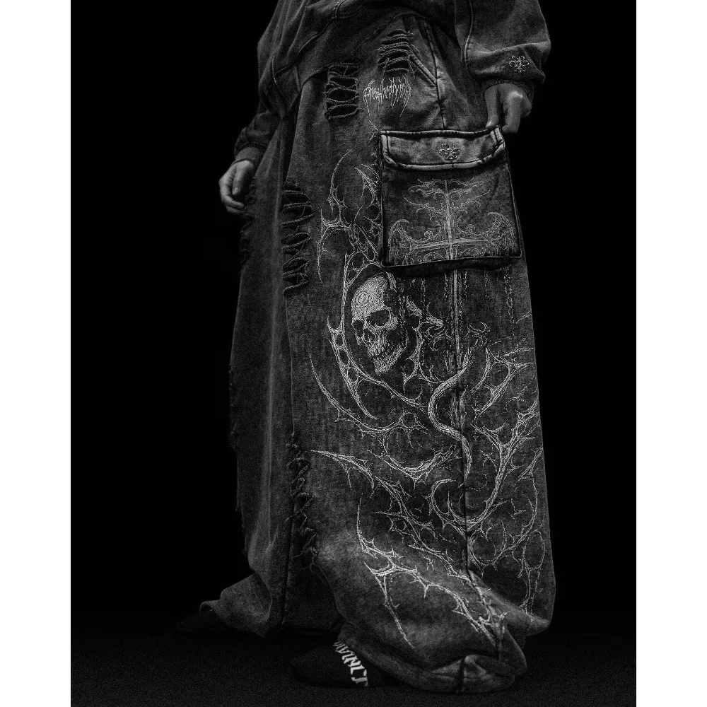 Y2K Gothic Geperforeerde Modieuze Wijde Pijpen Lange Broek Heren Dark Skull Distressed Casual Oversized Sportbroek Dames - afbeelding 2
