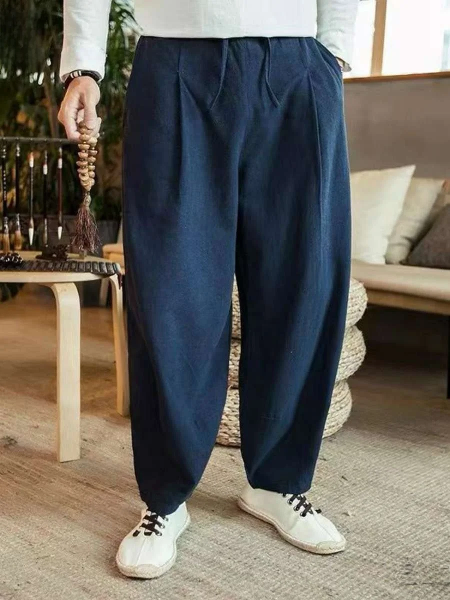 

Мужские повседневные широкие брюки-фонарики из драпированного льна, свободные, для полных мужчин, хлопково-льняные, весна-лето, с высокой талией, длинные