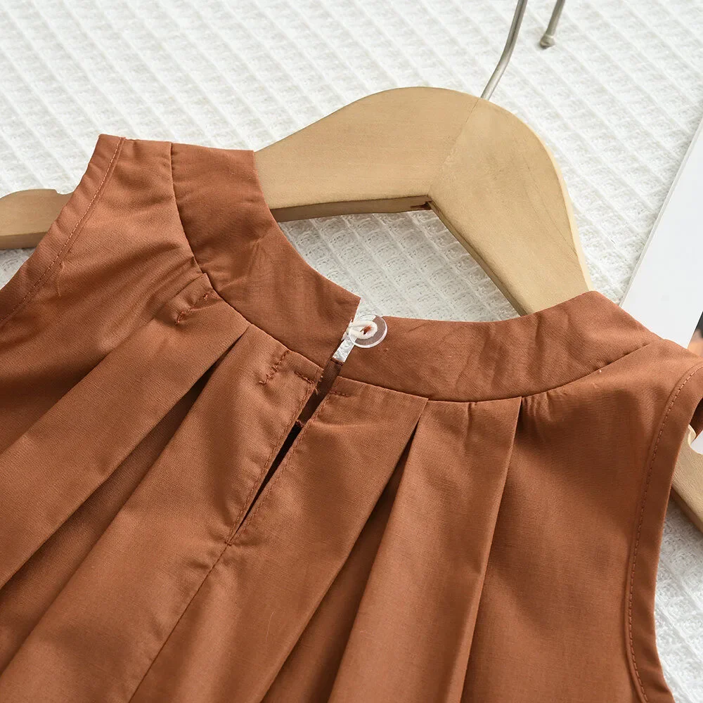 Bear Leader Khaki Vest+Striped Wide Leg Pants Summer Two-piece Set Daily Simple Sleeveless Children\'s Clothing for 3-7 Years Old