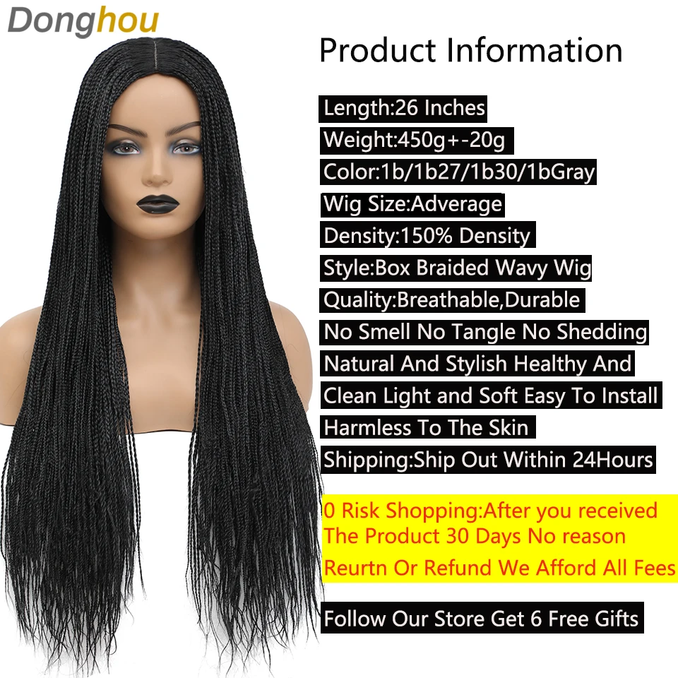 Donghou Box Braided Wigs for Women 26 Inch Ombre Long Micro Braids Wig Heat Resistant Fiber Synthetic Box Braids Knotless Wig