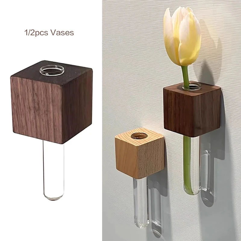 1/2pcs Wooden Magnetic Test Tube Vase Refrigerator Magnet DIY Flower Arrangement Simulation Flower Vase Home Kitchen Decoration