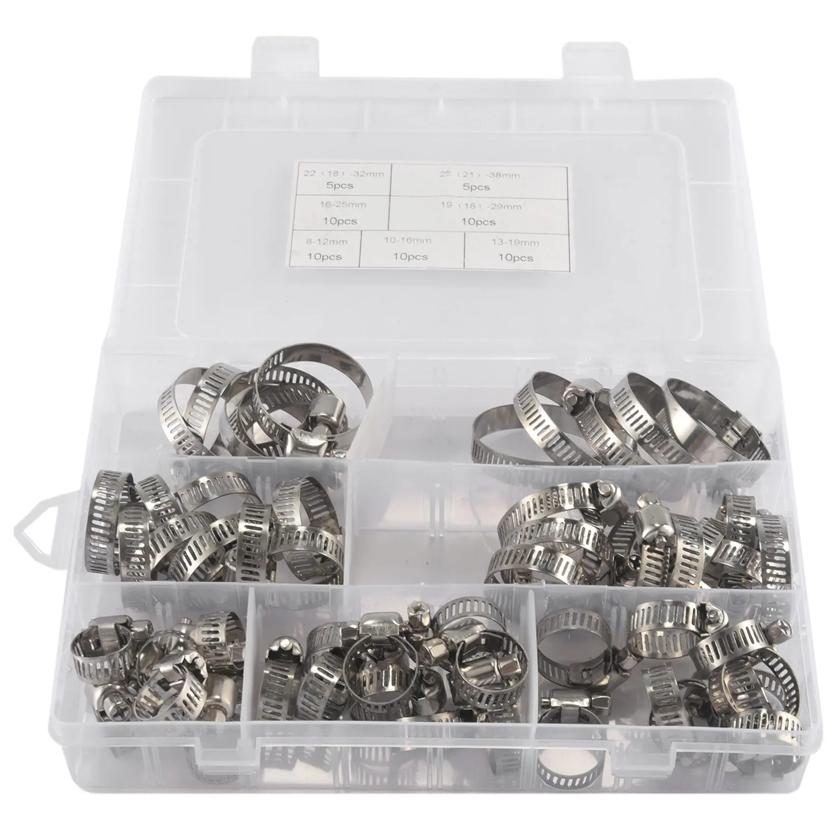 60-Piece Hose Clamp Set, 8-38 mm Pipe Clamps Made of 201 Stainless Steel, 7 Sizes Hose Clamps, Hose Ties, for Pipes