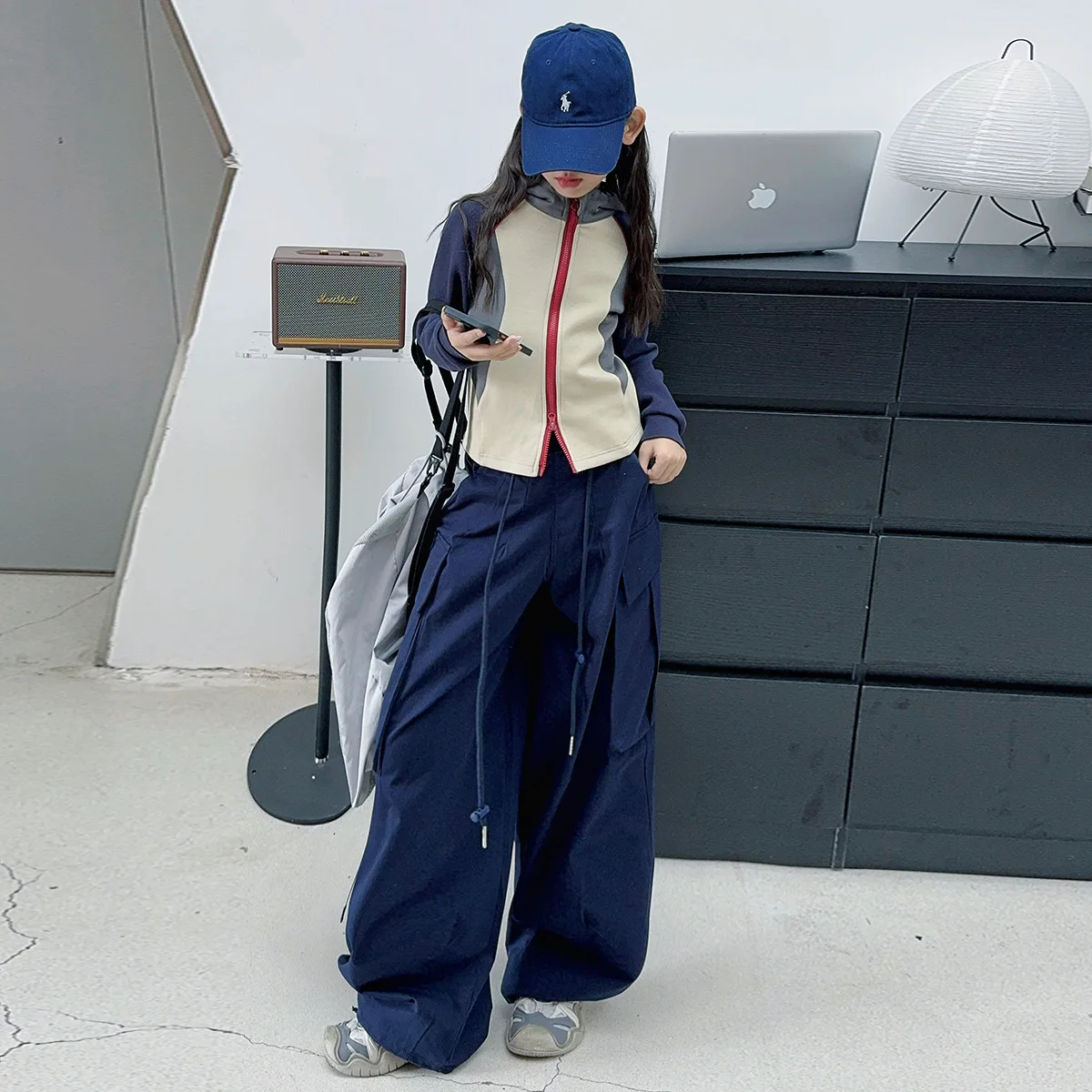 Teen Girls Clothes Set Autumn Hooded Double Zipper Contrasting Coat+Cargo Pants 2pcs Junior Kid Wide Leg Pants Set Child Outfits