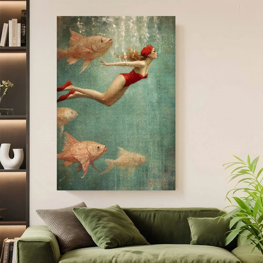 

Framed Flat, 1pc Retro Mermaid Wall Art Poster - Surreal Underwater Girl Swimming in Red Swimsuit, Mermaid Tail Decor Suitable f