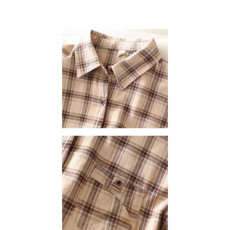 Women's New Spliced POLO Collar Button Plaid Fashion Loose and Versatile Casual Long-sleeved Shirt