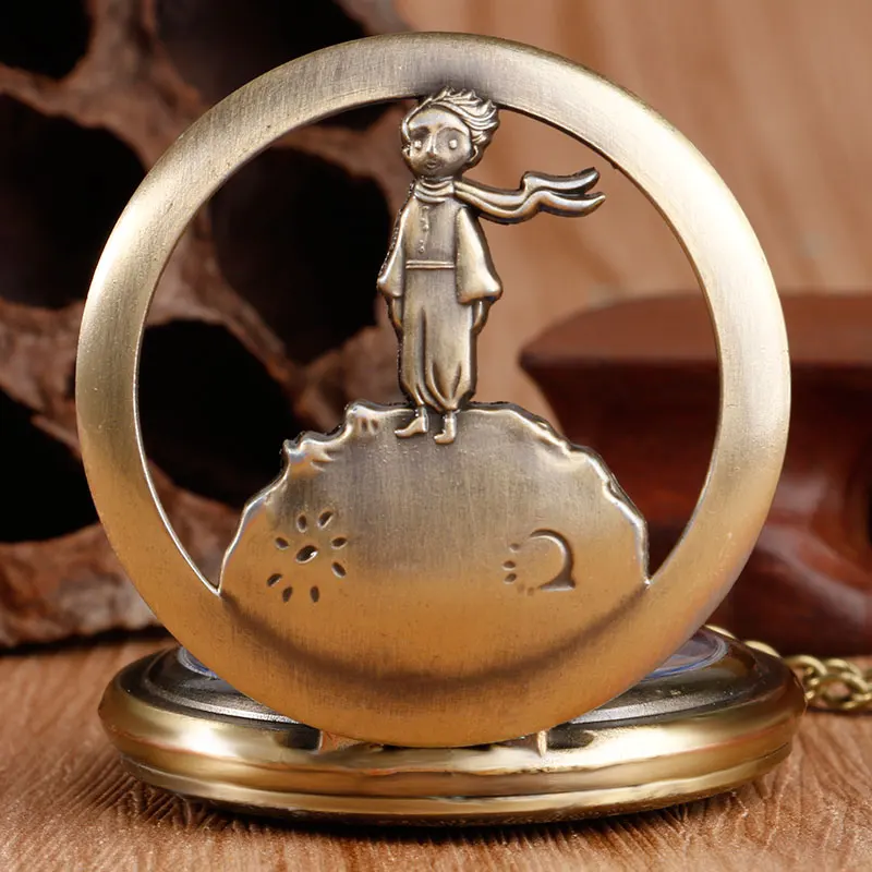 Vintage Bronze Hollow Design Little Prince Necklace Pendant Pocket Watch Gift Clock For Mlae Kids Relogio Saati