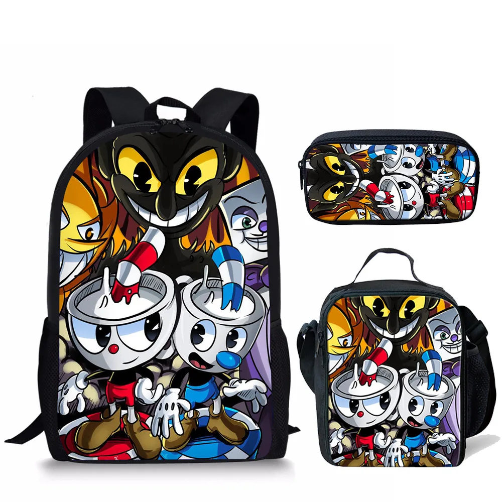 Cartoon Novelty Cool Cuphead Pattern 3D Print 3pcs/Set pupil School Bags Laptop Daypack Backpack Lunch bag Pencil Case