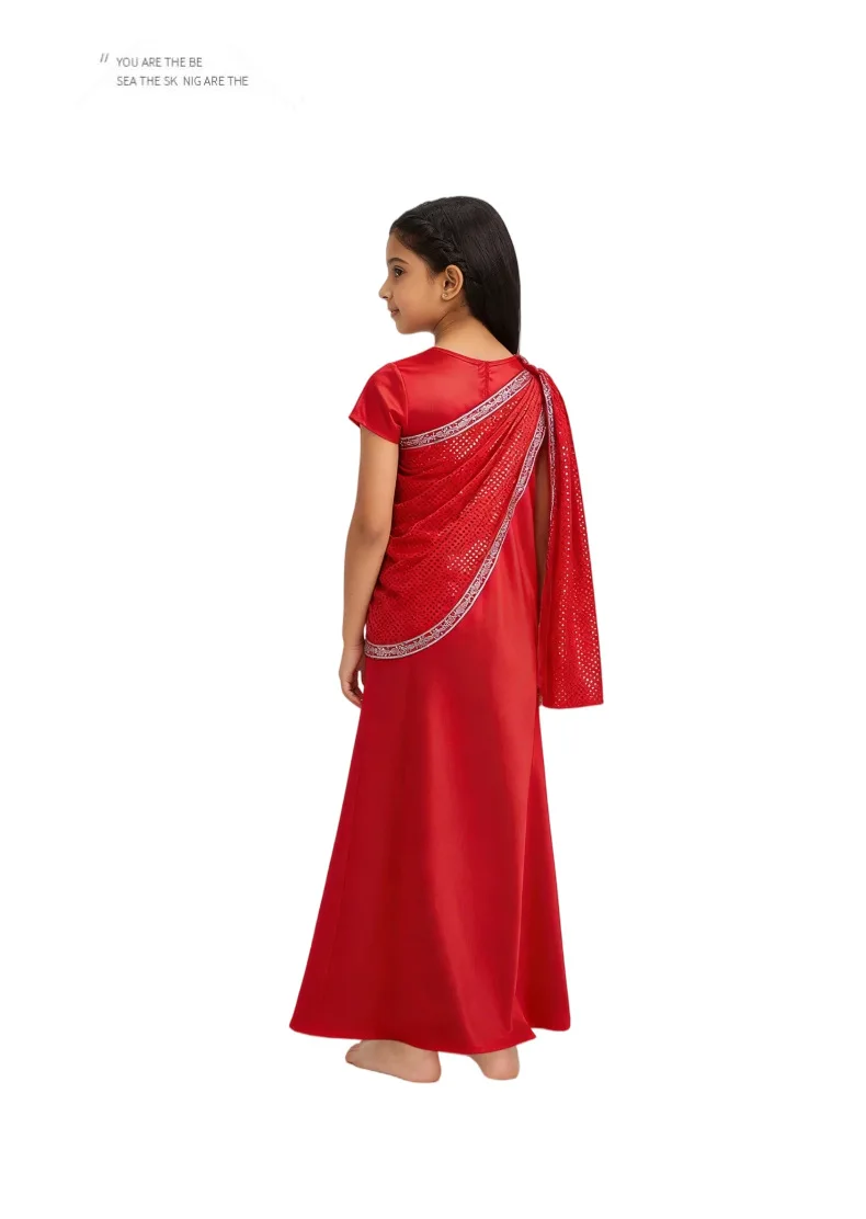 Girls Red Indian Ethnic Sequin Gown Kids Traditional Saree Dress Children Diwali Wedding Carnival Stage Performance Costume view 6