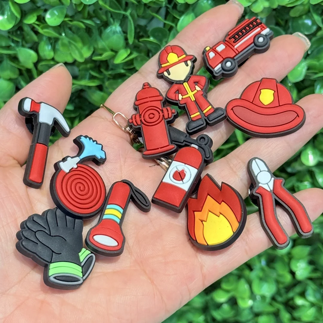 1-11PCS Cartoon Fire Equipment Firefighters Gloves Helmet PVC Shoe Charms DIY Shoe Aceessories Fit Clogs Buckle Decorations